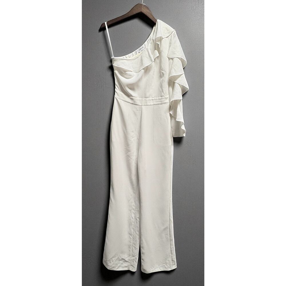 Bebe Women's White One Shoulder‎ Ruffle Wide Leg Jumpsuit Size 6